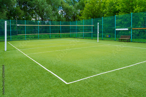 The sports playground in the park with artificial grass and a stretched net on a background of green trees
