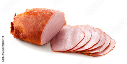 Fototapeta Naklejka Na Ścianę i Meble -  Delicious smoked sliced ham  isolated on white.