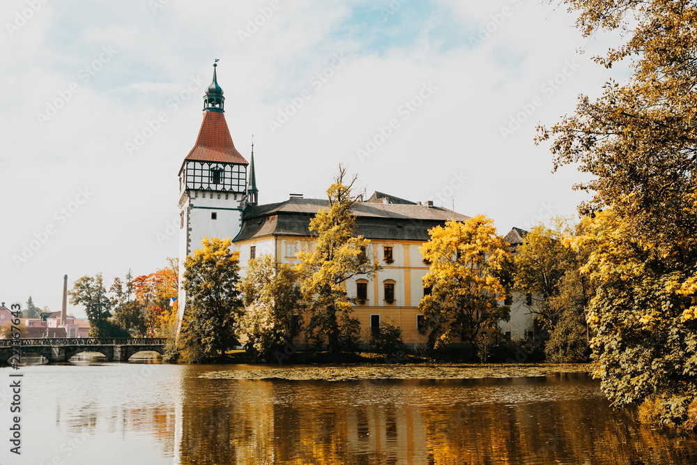 Autumn view of the beautiful Czech castle called Blatna in the city of the same name.