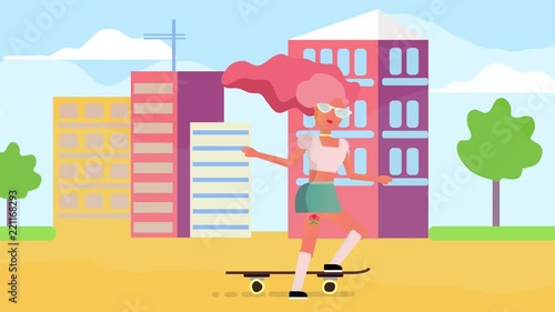 Girl Skateboarding vector animation. Young woman riding skateboard and having fun video. People characters. Stock footage.  photo