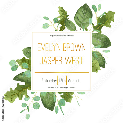 Wedding floral invitation, invite card. Vector watercolor style forest greenery, herbs, eucalyptus,  leaves gerbera, chamomile, waxflower natural, botanical green decorative frame, border, square