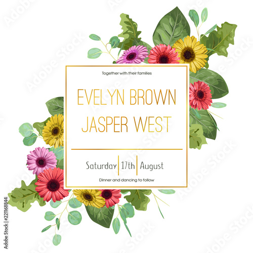 Wedding floral invitation, invite card. Vector watercolor style forest greenery, herbs, eucalyptus, gerbera, chamomile, chamaelaucium, waxflower natural, botanical green decorative frame, border