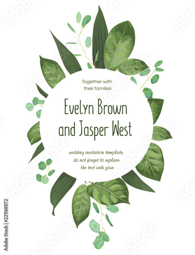 Wedding floral invitation, invite card. Vector watercolor style forest greenery, herbs, eucalyptus, leaves lilly, waxflower natural, botanical green decorative round frame, border, circle