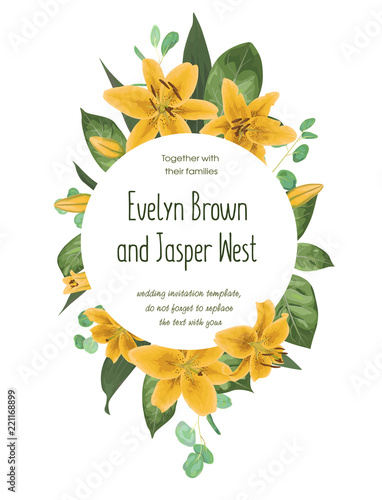 Wedding floral invitation, invite card. Vector watercolor style forest greenery, herbs, eucalyptus,yellow delicate lilly, waxflower natural, botanical green decorative round frame, border, circle.