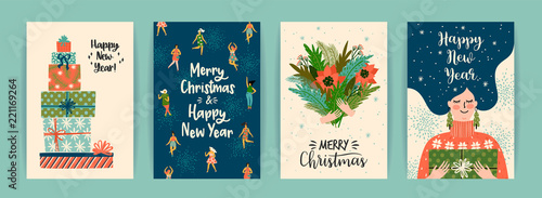 Christmas and Happy New Year templates. Trendy retro style.