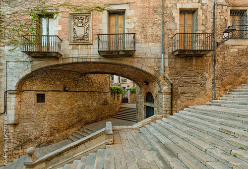 Arch of the Agullana Palace in Girona, Pujada de Sant Domenec stairs or Escalinata de Sant Marti, Costa Brava, Catalonia. Spain photo