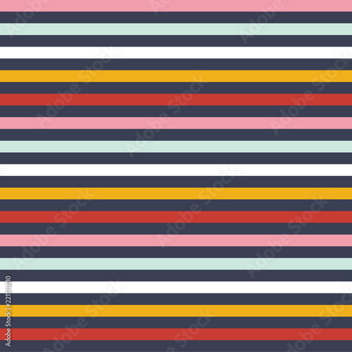 Seamless vector multi stripe pattern with colored horizontal parallel stripes red, blue,white, gold, pink and navy background.