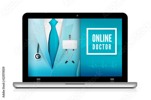 Online doctor consultation technology in laptop. Medical doctor in suit with stethoscope close up. Vector illustration