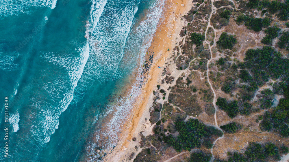 custom made wallpaper toronto digitalTop view. Scenic aerial view of turquoise sea water with waves and white foam hitting the sea shore with yellow sand. Summer vacation concept. Mediterranean sea. Malta
