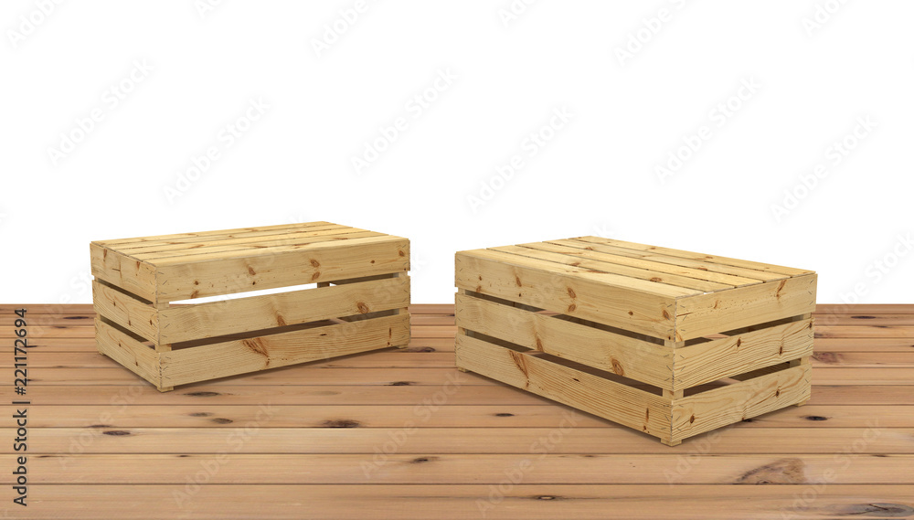 3D render of two wooden crate upside down for fruit or vegetable on wooden floor. Isolated on white background.