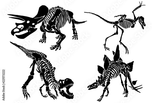 Graphical set of dinosaur skeletons isolated on white background,vector sketch