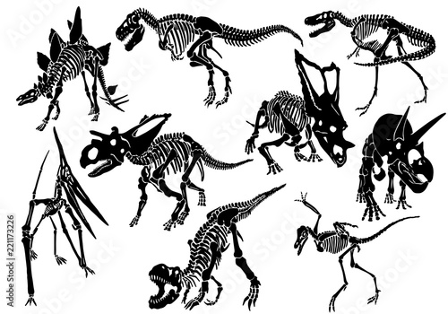 Graphical set of dinosaur skeletons isolated on white background,vector sketch