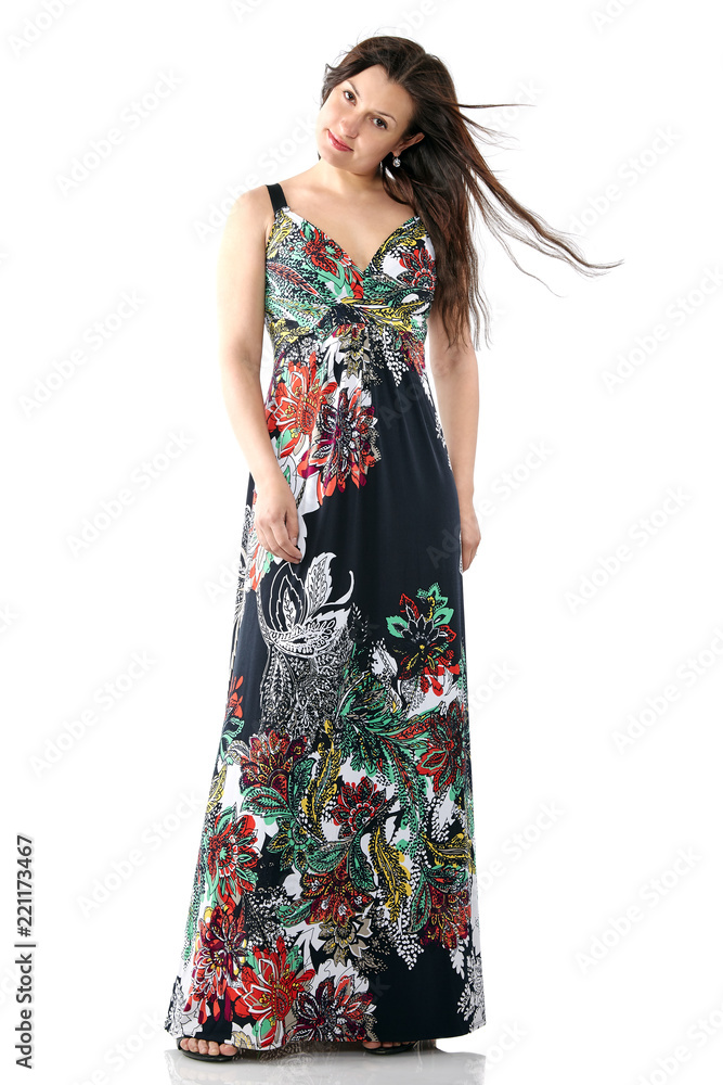 young beautiful woman in sundress with colorful flower pattern, long hair, full body portrait young beautiful woman in sundress with colorful flower pattern, long hair, full body portrait