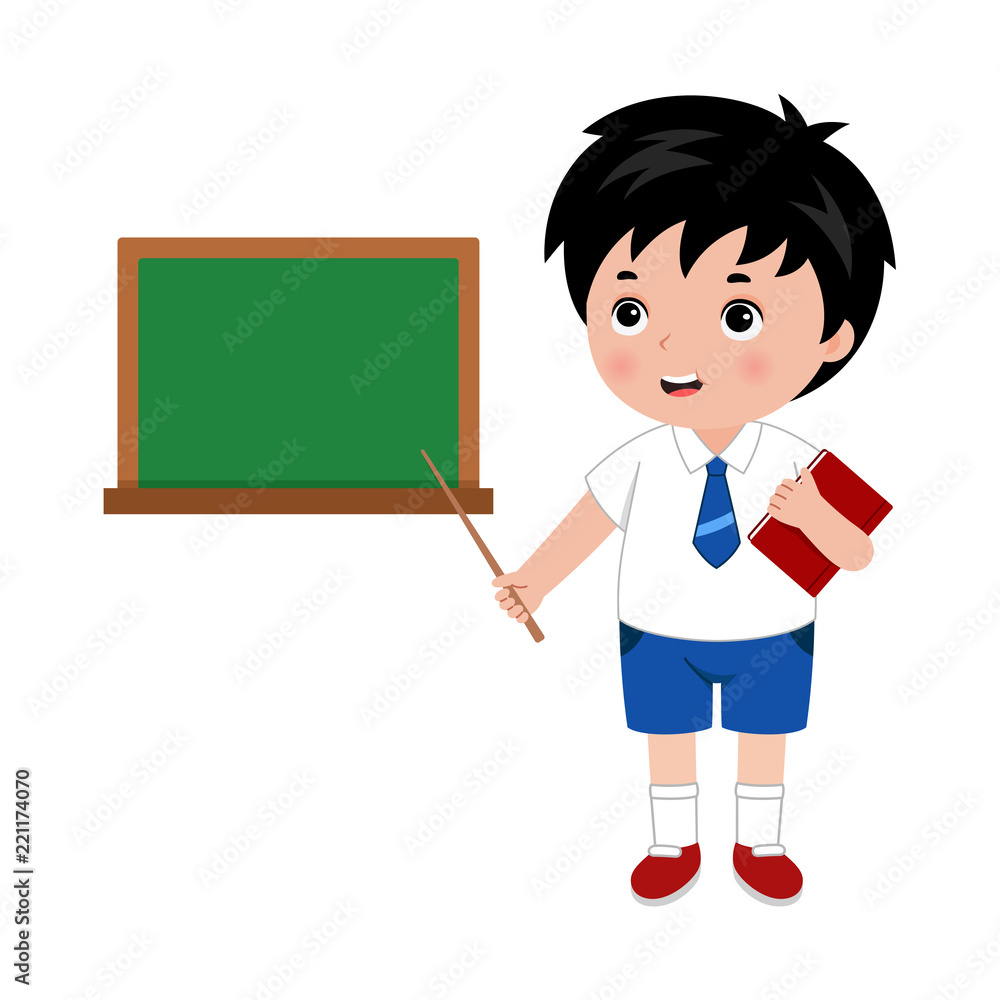 Illustration of little boy in school uniform, holding book, showing something on the school board. Vector. Illustration of little boy in school uniform, holding book, showing something on the school board. Vector.