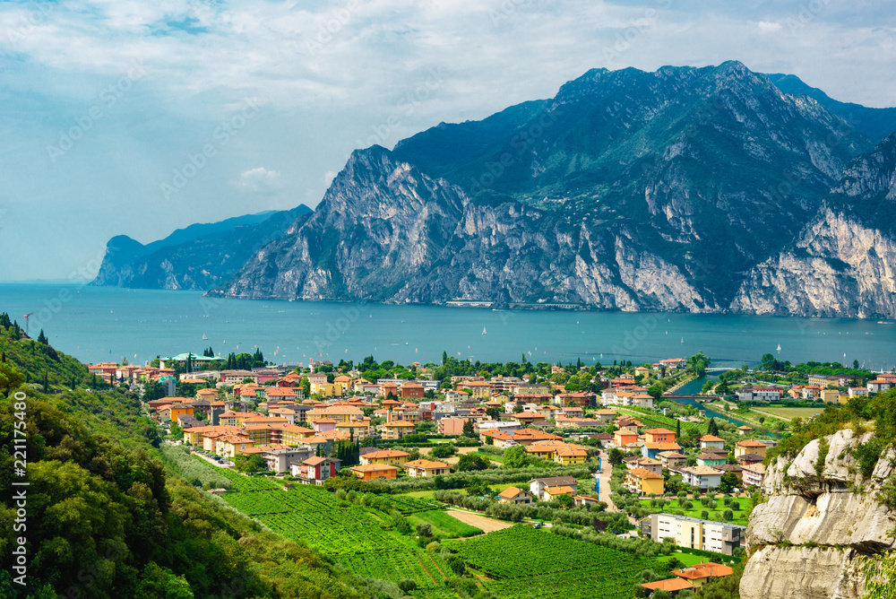 Panorama of the gorgeous Lake Garda surrounded by mountains in Riva del Garda, Italy. Lake Garda Italy