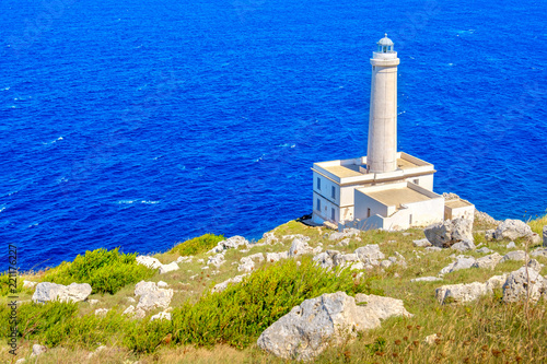 white lighthouse cliff overlook seascape daytime Punta Palascia Otranto Salento Italy