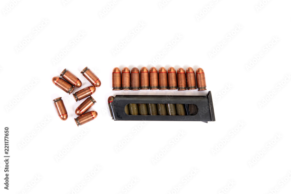 pistol Makarov bullets clip handle set white background isolated brown black star old soviet