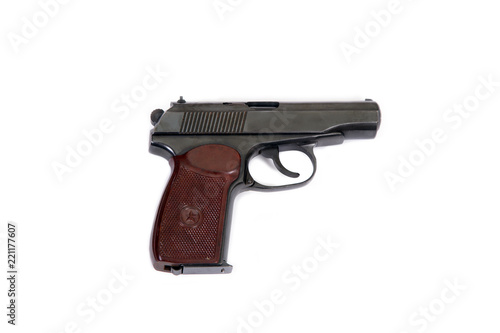 pistol Makarov bullets clip handle set white background isolated brown black star old soviet