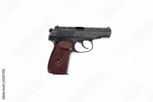 pistol Makarov bullets clip handle set white background isolated brown black star old soviet