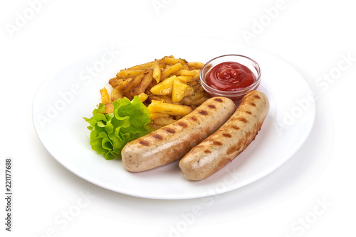 White bavarian grilled sausage with french fries and tomato sauce, isolated on white background.