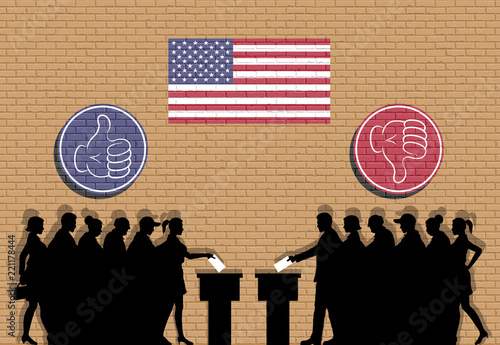 American voters crowd silhouette in election with thumb icons and USA flag graffiti