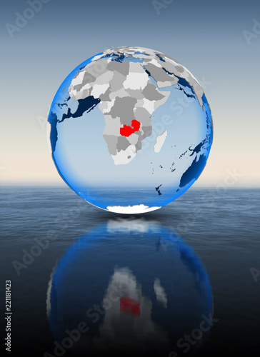 Zambia on globe in water