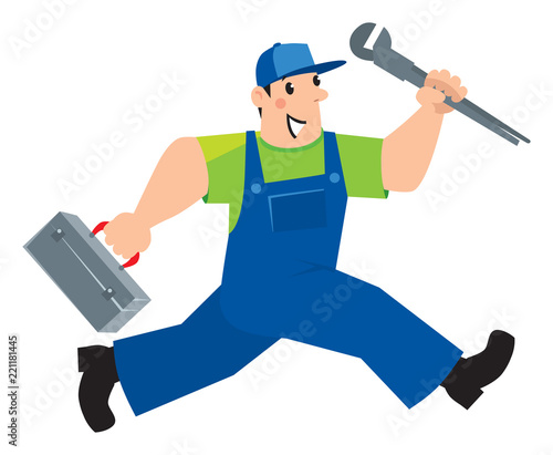 Plumber or repairman with the tools is running