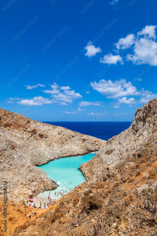 The secluded Seitan Limania beach at cape Akrotiri, Chania. View from above. Crete, Greece The secluded Seitan Limania beach at cape Akrotiri, Chania. View from above. Crete, Greece