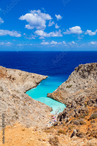 The secluded Seitan Limania beach at cape Akrotiri, Chania. View from above. Crete, Greece
