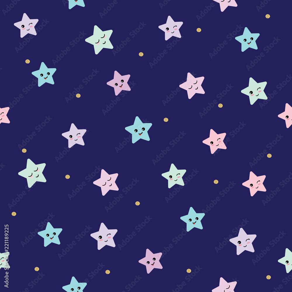 Cute seamless pattern background with cartoon kawaii stars. For kids clothes, pajamas design.