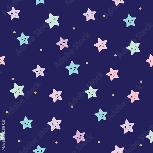 Cute seamless pattern background with cartoon kawaii stars. For kids clothes, pajamas design. © cutelittlethings