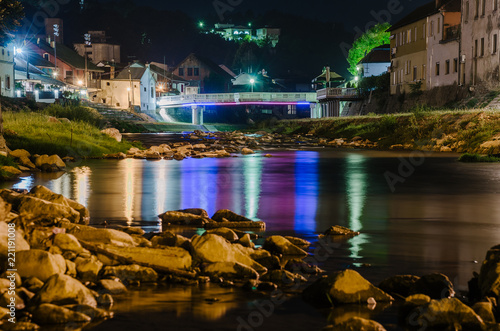 Colorful river Kolubara and white marble bridge. Valjevo, Serbia.