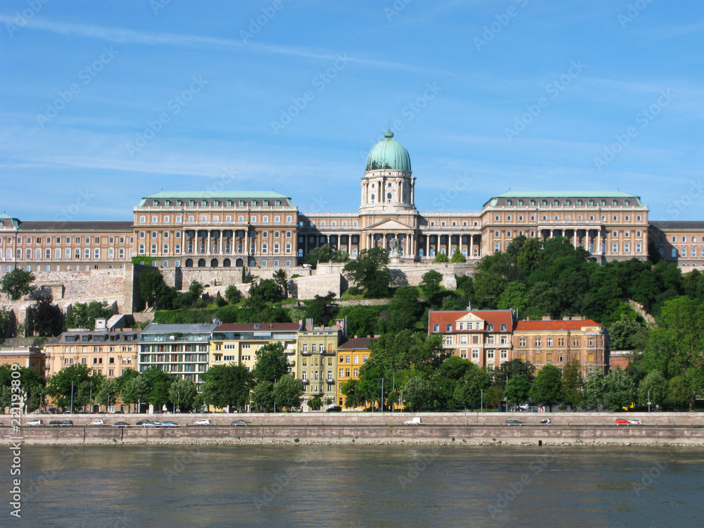 Hungary, Budapest. Panorama of the city with Royal Palace, Danube river and colorful houses on the embankment.