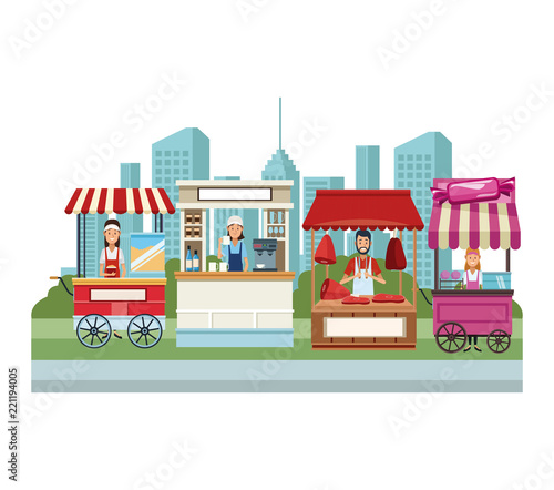 Food booth and shops at city scenery cartoons vector illustration graphic design