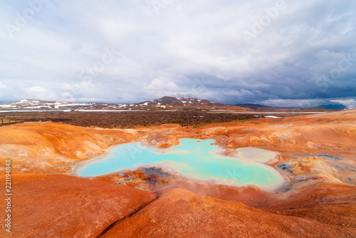 Sulfur springs on slope of a clay hill, volcanic region of Iceland