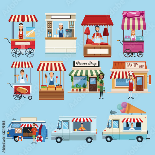 Set of food business booths with owners collection vector illustration graphic design