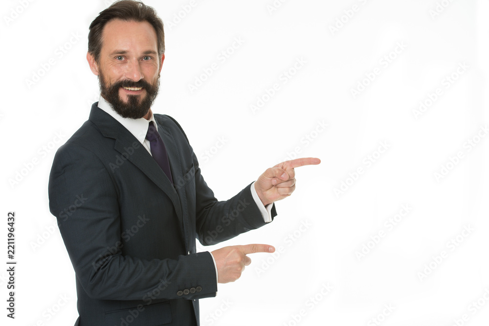 Pointing at copy space. Man pointing index fingers isolated on white. Man bearded mature in formal wear. Businessman or manager with beard and mustache shows direction. Look at that advertisement Pointing at copy space. Man pointing index fingers isolated on white. Man bearded mature in formal wear. Businessman or manager with beard and mustache shows direction. Look at that advertisement