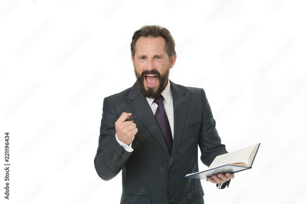 Successful businessman create motivational inspiring speech isolated white. Businessman planning business schedule with notepad. Time management and organizing skill. Man bearded manager create plan Successful businessman create motivational inspiring speech isolated white. Businessman planning business schedule with notepad. Time management and organizing skill. Man bearded manager create plan