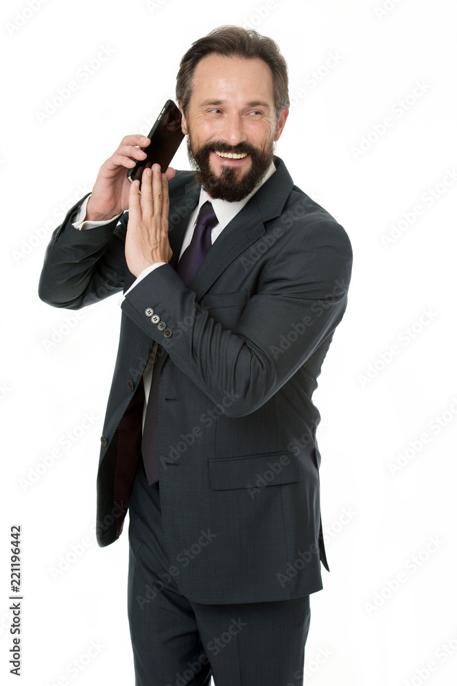 Business communications. Wait a minute. Busy with conversation. Businessman formal suit holds smartphone. Man bearded businessman use modern mobile phone. Smartphone gives opportunities Business communications. Wait a minute. Busy with conversation. Businessman formal suit holds smartphone. Man bearded businessman use modern mobile phone. Smartphone gives opportunities