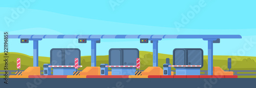 Checkpoint on the toll road. Payment of tolls on the toll road. . Bus and lorry truck on roadway. Checkpoint with a rising and lowering barrier.