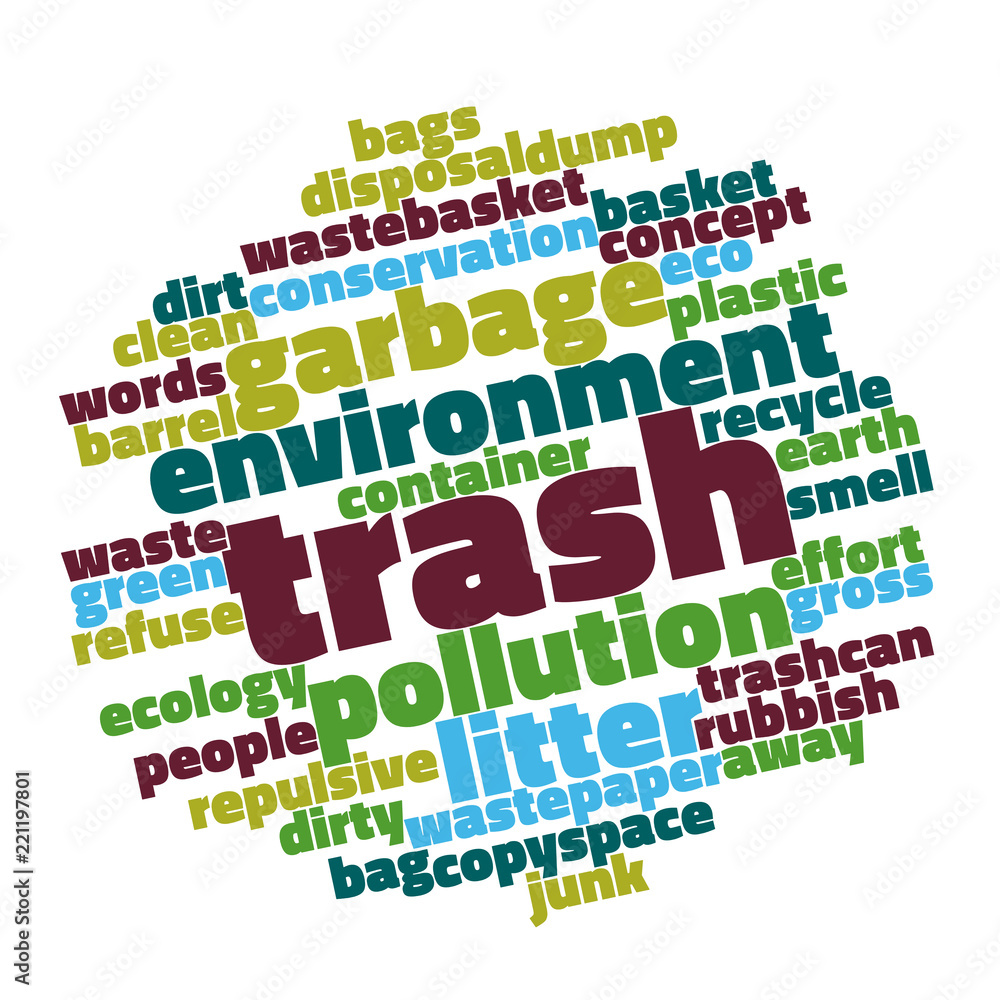 Environmental trash and recycling concerns word cloud for nature and health concept. Environmental trash and recycling concerns word cloud for nature and health concept.