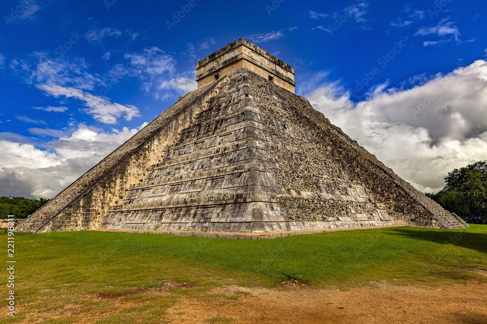 Mexico. Chichen Itza Archaeological Site. South-West view of El Castillo (The Castle, also known as the Temple of Kukulcan; on UNESCO World Heritage Site)