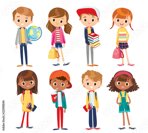 Vector set with cute kids.  School children with books and school supplies.