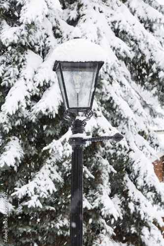 Traditional lamppost covered in snow