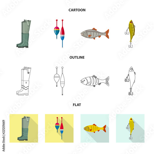Vector illustration of fish and fishing logo. Collection of fish and equipment stock symbol for web.