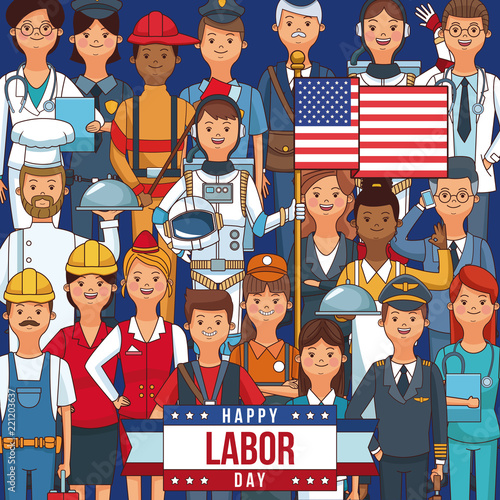 Happy labor day card with people professions and jobs cartoons vector illustration graphic design