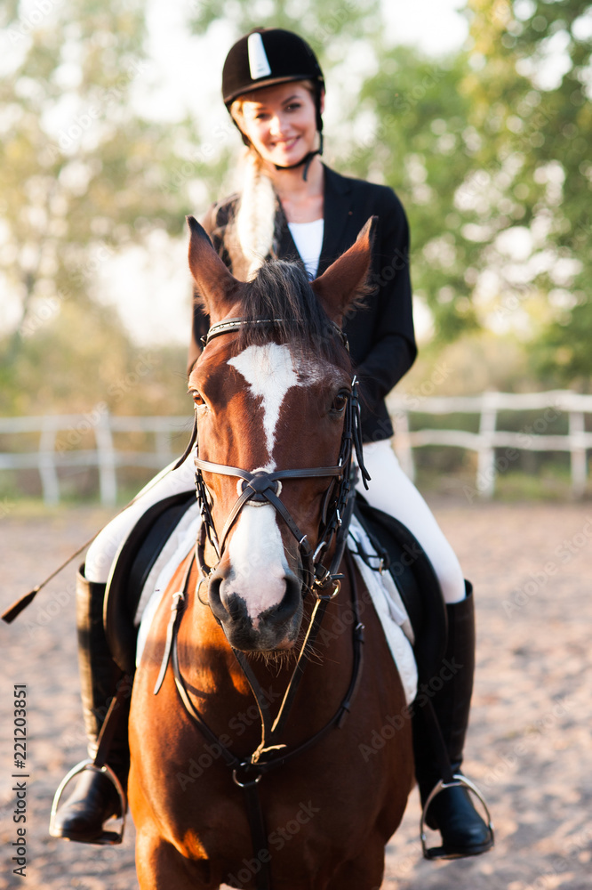 Fototapeta premium A beautiful girl rider drives a horse. Horse theme