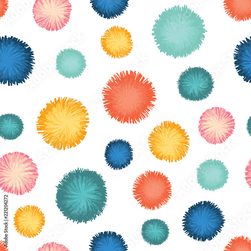 Decorative party pom poms seamless repeat vector pattern. Teal, blue, yellow, and red pom poms on white background. Great for birthday, cards, invitations, packaging, digital paper, celebration, kids