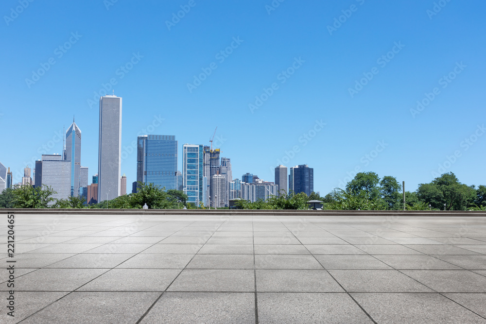 empty ground with modern cityscape in chicago empty ground with modern cityscape in chicago