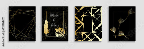 Tropical Wedding Invitatinon Cards Set. Exotic Border, Pattern, Frame for Premium Rich Wedding Celebration. Trendy Marble Design Monstera, Banana Leaves Frame Background. Luxury Gold Invite.